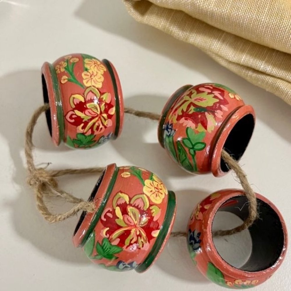 Set of 4 Vintage Hand Painted Wood Napkin Rings Floral Pink